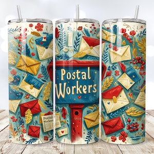Postangestellter 20 Unzen Skinny Tumbler Wrap Sublimationsdesign, SEAMLESS Tumbler, niedliche Postbote Briefstempel Collage, digitaler Download PNG