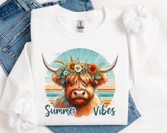 Summer Highland Cow PNG: Retro Beach Shirt Design (Digital Download)