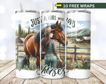 Bara en tjej som älskar hästar Tumbler Wrap, SÖMLÖS 20oz smal tumbler, PNG-sublimering, högkvalitativ 300DPI digital nedladdning, hästälskare