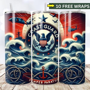Vaso de la Guardia Costera, vaso sin costuras de 20 oz, descarga digital por sublimación, bandera estadounidense, vaso Semper Paratus PNG, rescate marítimo PNG