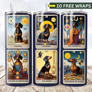Envoltura para vaso de tarot con diseño de perro salchicha, perro salchicha, regalo para mamá dachshund, amante de los dachshunds, envoltura para vaso sin costuras de 20 oz, perro salchicha png, diseño de carta del tarot