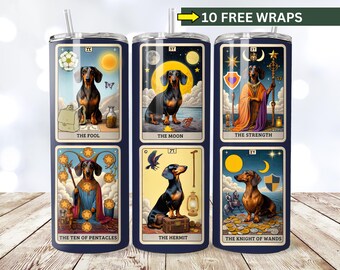 Teckel tarot beker wrap, Weiner hond, Daxie Mom cadeau, Doxie lover, 20oz naadloze beker wrap, teckel png, tarotkaart ontwerp
