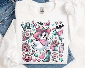 Pink Cowboy Ghost PNG: Coquette Western Halloween Shirt Design (Digital Download
