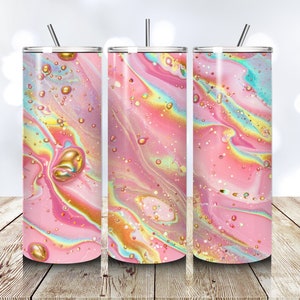 Rainbow Tumbler Wrap Marble Neon Colors and Gold Glitter pink rainbow 20oz Tumbler Sublimation Design PNG, Alcohol Ink Tumbler PNG File