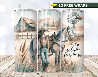 Bara en tjej som älskar hästar Tumbler Wrap, SÖMLÖS 20oz smal tumbler, PNG-sublimering, högkvalitativ 300DPI digital nedladdning, hästälskare