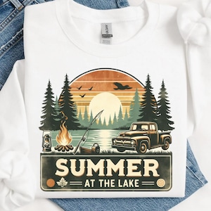 Design retrô PNG de vida no lago de verão, download digital de sublimação para atividades ao ar livre na primavera, design digital moderno para acampamento no lago de verão, design de camisa para lago