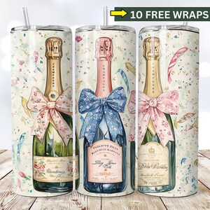 Watercolor Champagne Bottles with Coquette Bows | Social Club Watercolor Design | Preppy Design | Sublimation Design | Grandmillennial PNG