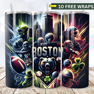 BOSTON Sports Teams Tumbler Wrap, time de fãs de basquete PNG, silhueta da cidade de Boston, envoltório de sublimação SEM EMENDA 20 oz copo, beisebol png