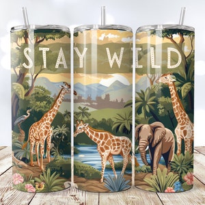Safaridjur sömlös png, sublimeringsdesign, savannscen png, afrikanska djur png, giraffsafari sublimering, 20oz tumbler wrap PNG