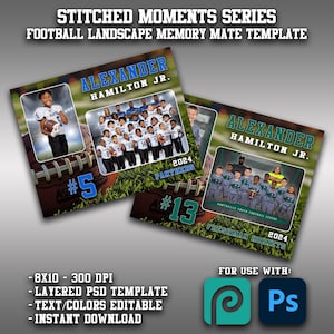 May include: A Stitched Moments Series football landscape memory mate template featuring two layered PSD designs. Each design includes a football player portrait, a team photo, the name Alexander Hamilton Jr., the year 2024, and jersey numbers.