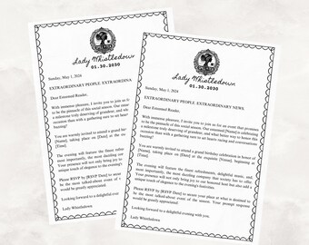 Invitación a la fiesta de Bridgerton / Papeles de Lady Whistledown Society / Tarjeta de cumpleaños digital / Plantilla para Canva / Invitación de cumpleaños editable