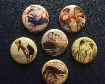 Vintage Nautical Pinback Buttons set of 6