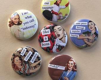 Retro Snarky Pinback Buttons set of six