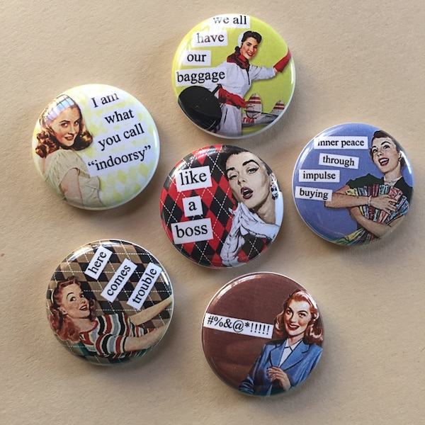 Retro Snarky Pinback Buttons set of six