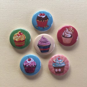 Cupcakes Pinback Buttons set of 6 assorted