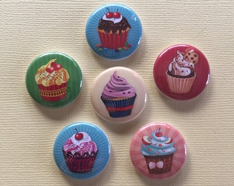 Cupcakes Pinback Buttons set of 6 assorted