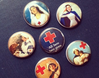 Vintage Red Cross Pinback Buttons set of 6