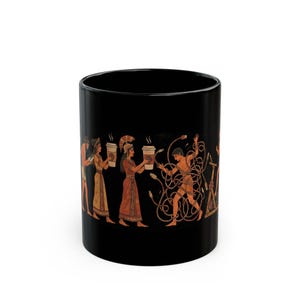 May include: Black ceramic coffee mug featuring a classical Greek-style illustration. The design depicts figures in ancient attire, holding coffee cups, with a man entangled in cords. The artwork is in shades of orange, brown, and white.