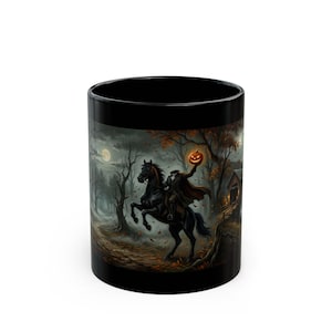 Legend of Sleepy Hollow Black Mug, Headless Horseman Vintage Art, Dark Academia Autumn Decor, Gothic Folklore Coffee Cup