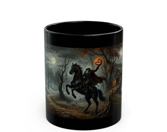 Legend of Sleepy Hollow Black Mug, Headless Horseman Vintage Art, Dark Academia Autumn Decor, Gothic Folklore Coffee Cup
