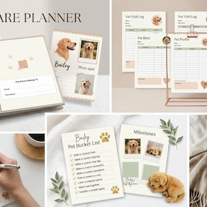 Puede incluir: Un conjunto de planificador de cuidado de mascotas que incluye una carpeta, varias hojas de seguimiento impresas y una pantalla de tableta digital. Las páginas contienen secciones para perfiles de mascotas, visitas al veterinario y listas.