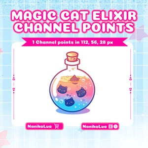 Puede incluir: Gráfico digital que presenta una botella de poción de dibujos animados con un tapón de corcho. La botella contiene un líquido colorido con caras de gato. El texto "MAGIC CAT ELIXIR CHANNEL POINTS" está en la parte superior. Incluye el texto "1 Channel points in 112, 56, 28 px".