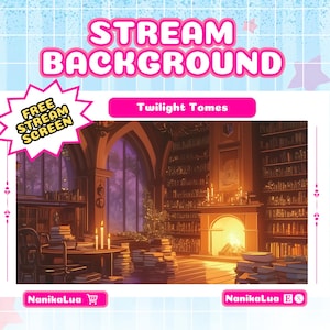 Puede incluir: Una ilustración digital de una biblioteca con una chimenea, estanterías y pilas de libros. El texto "Twilight Tomes" se muestra encima de la imagen. El texto "FREE STREAM SCREEN" se muestra en forma de estrella en la esquina superior izquierda de la imagen.