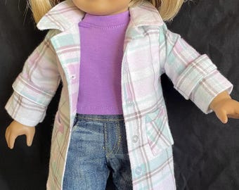18 Inch Doll Clothes Plaid Shacket, Cropped Tee and recycled Denim jeans