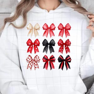 Pode incluir: Nove designs diferentes de laços em vermelho, preto e branco com bolinhas. Os laços estão dispostos em uma grade sobre um fundo branco.
