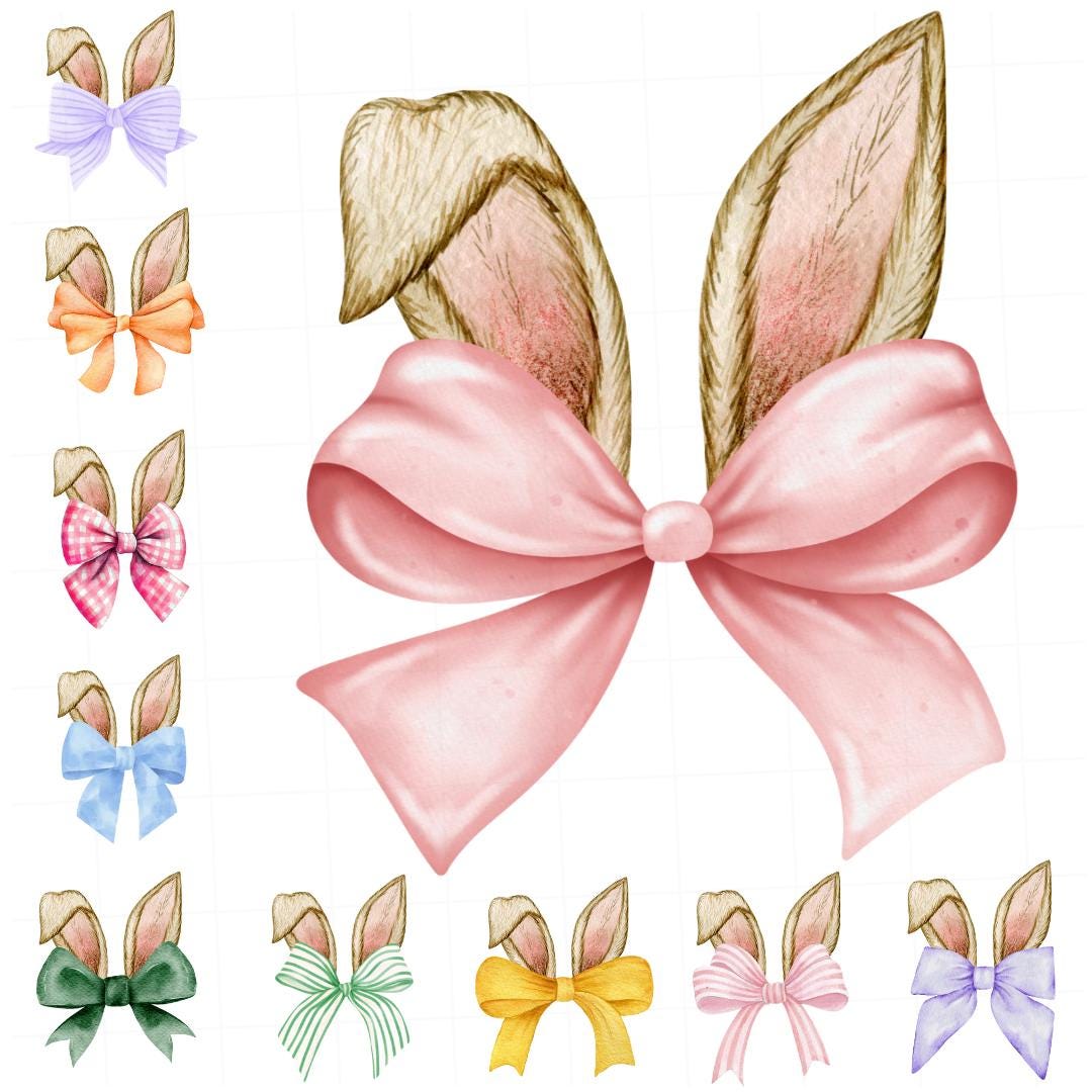 Watercolor Easter Bunny Ears PNG: Coquette Bow Clipart (digital ...