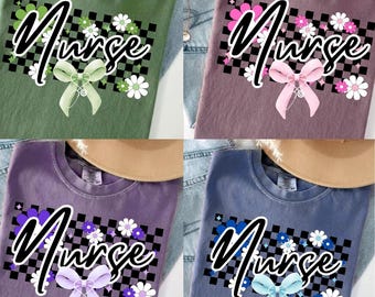 Nurse Checkered Bow PNG: Floral Coquette Graphics (Digital Download)
