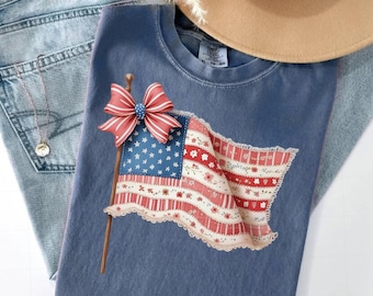 Coquette 4th of July PNG: American Flag, Ditsy Flower, Lace Bow (Digital Download