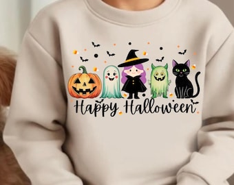 May include: Beige sweatshirt featuring a Halloween design. The design includes a jack-o'-lantern, ghost, witch, green monster, and black cat, with the words "Happy Halloween" below. Bats and candy corn are also included.