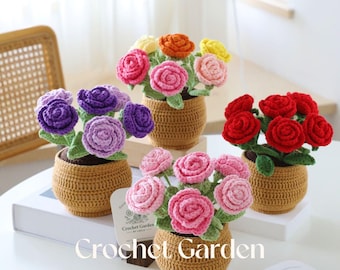 crochet roses, crochet flower in pot, housewarming gift, desk decoration, room decoration, handmade flower, gift for her
