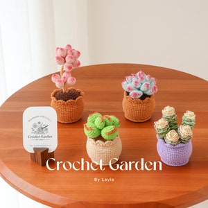 Puede incluir: Cuatro plantas suculentas de crochet en macetas de diferentes colores sobre una mesa de madera. Las plantas son rosas, azules, verdes y verdes y blancas. El cartel dice "Handmade with Love Crochet Garden by Layla".