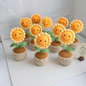 crochet happy face sunflower, crochet flower in pot, housewarming gift, desk decoration, room decoration, handmade flower, gift for her