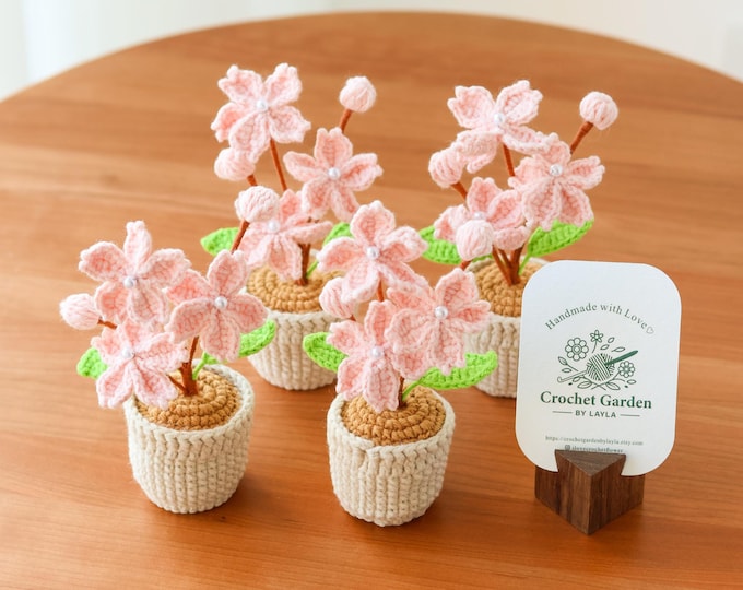 crochet cherry blossom, min crochet flower in pot, housewarming gift, desk decoration, room decoration, handmade flower, gift for her
