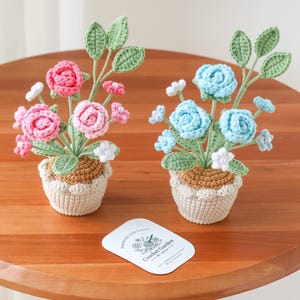 Könnte beinhalten: Zwei gehäkelte Blumenarrangements in kleinen Töpfen. Eines hat rosa Rosen, das andere blaue Rosen. Beide haben grüne Blätter und befinden sich in beigen Töpfen. Eine weiße Karte mit Text liegt auf dem Tisch.