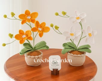 May include: Two potted crochet orchid plants, one with vibrant yellow flowers and the other with white flowers, each featuring green leaves and small buds on thin stems. The plants are in beige crocheted pots. A card reads "Crochet Garden".