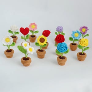 May include: A collection of colorful, crocheted flowers in small brown pots. The flowers include white, red, pink, yellow, blue, and purple blooms, with green leaves. The handmade floral arrangements are displayed on a white background.
