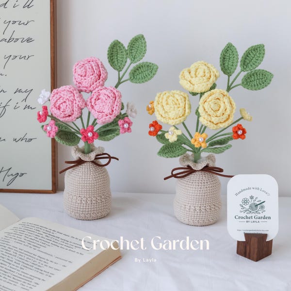 crochet rose in vase valentine's gift knitted flower desk decor teacher gift house warming gift personalized gift handmade artificial flower