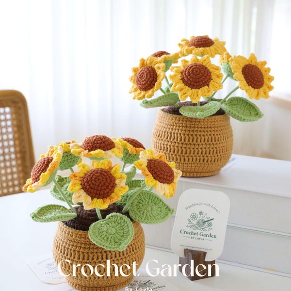 gehäkelte Sonnenblume, gehäkelte Blume im Topf, Einweihungsgeschenk, Schreibtisch Dekoration, Raumdekoration, handgemachte Blume, Geschenk für Sie