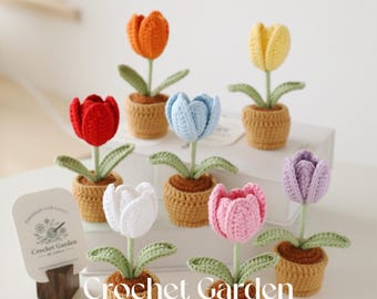 crochet tulip, mini crochet flower in pot, housewarming gift, desk decoration, room decoration, handmade flower, gift for her