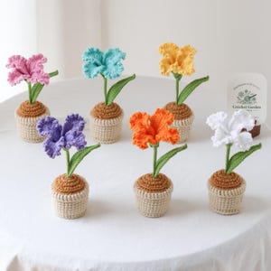 Puede incluir: Seis flores de ganchillo en macetas pequeñas, cada una con una flor en rosa, azul claro, amarillo, morado, naranja o blanco. Cada flor tiene un tallo y una hoja verdes, en una maceta de ganchillo beige con borde marrón. Una etiqueta dice Crochet Garden.