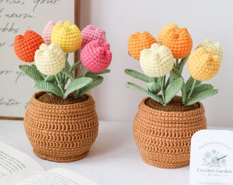 Handmade Crochet Tulip Flower Pot Mini Potted Tulip Gift for Mother's Day Easter Graduation Home Decor Office Desk Decoration house warming