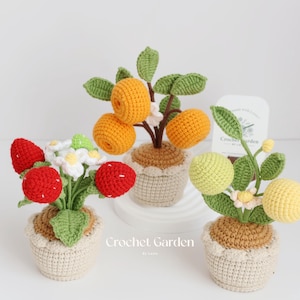 May include: Three crocheted potted plants, one with orange fruit, one with red strawberries, and one with yellow lemons. The pots are all beige and have a crocheted design. The plants are all green and have crocheted leaves. The sign says "Crochet Garden".