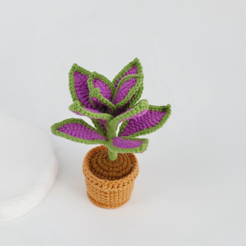 May include: A handmade crochet plant with vibrant purple and green leaves, set in a small, woven brown pot. The plant's leaves have a detailed, textured appearance, and the pot adds a rustic touch. This decorative item is perfect for adding a touch of nature to any space.