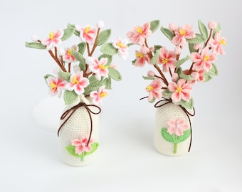 Crochet Cherry Blossom Flower Vase, Handmade Christmas gift Gift for Mom Grandma Pink Sakura Yarn Flowers, Home Decor, Crochet Bouquet