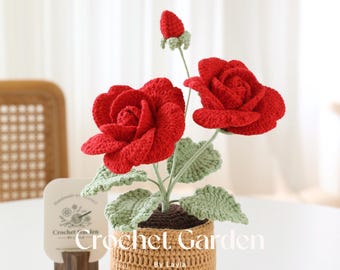 かぎ針編みのバラ、鉢植えのかぎ針編みの花、新築祝いの贈り物、机の