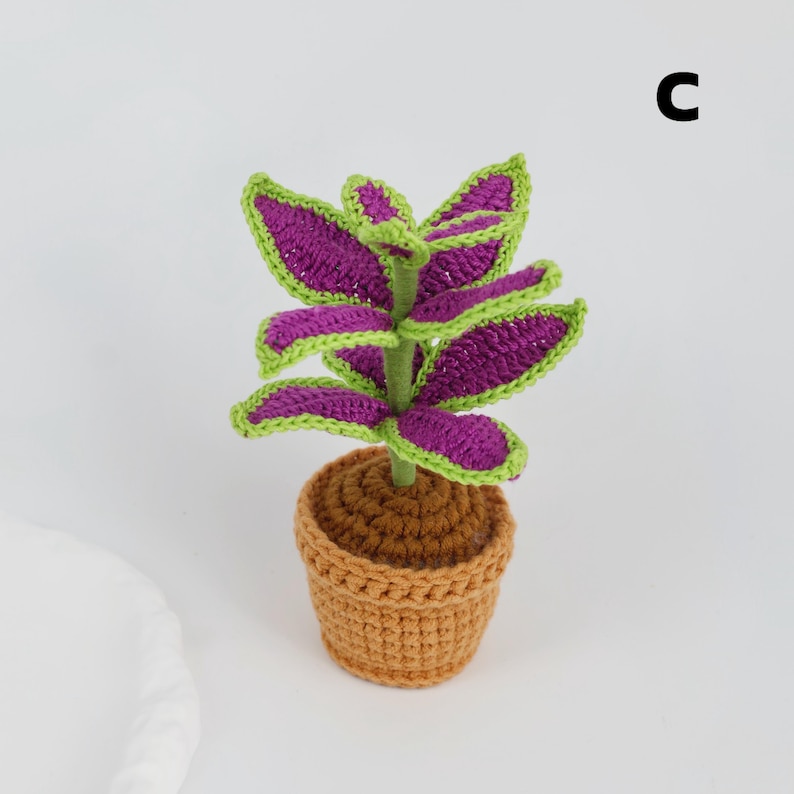 May include: A crocheted plant with purple leaves edged in green, and a brown pot. The plant has a green stem and is labeled with the letter "C". The pot is a light brown color.